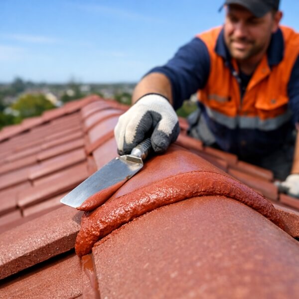 Roof repointing by Roofing Guys, applying flexible pointing compound to ridge capping to seal and strengthen a tiled roof.